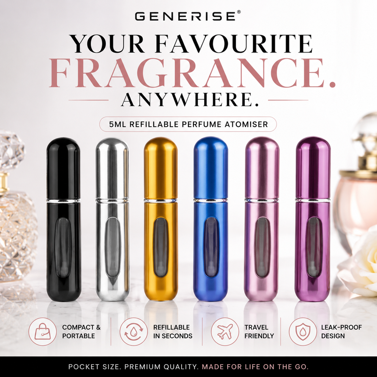 GENERISE Refillable Perfume Atomiser Spray – 5ml Travel-Size Fragrance Bottle, Air Travel Approved