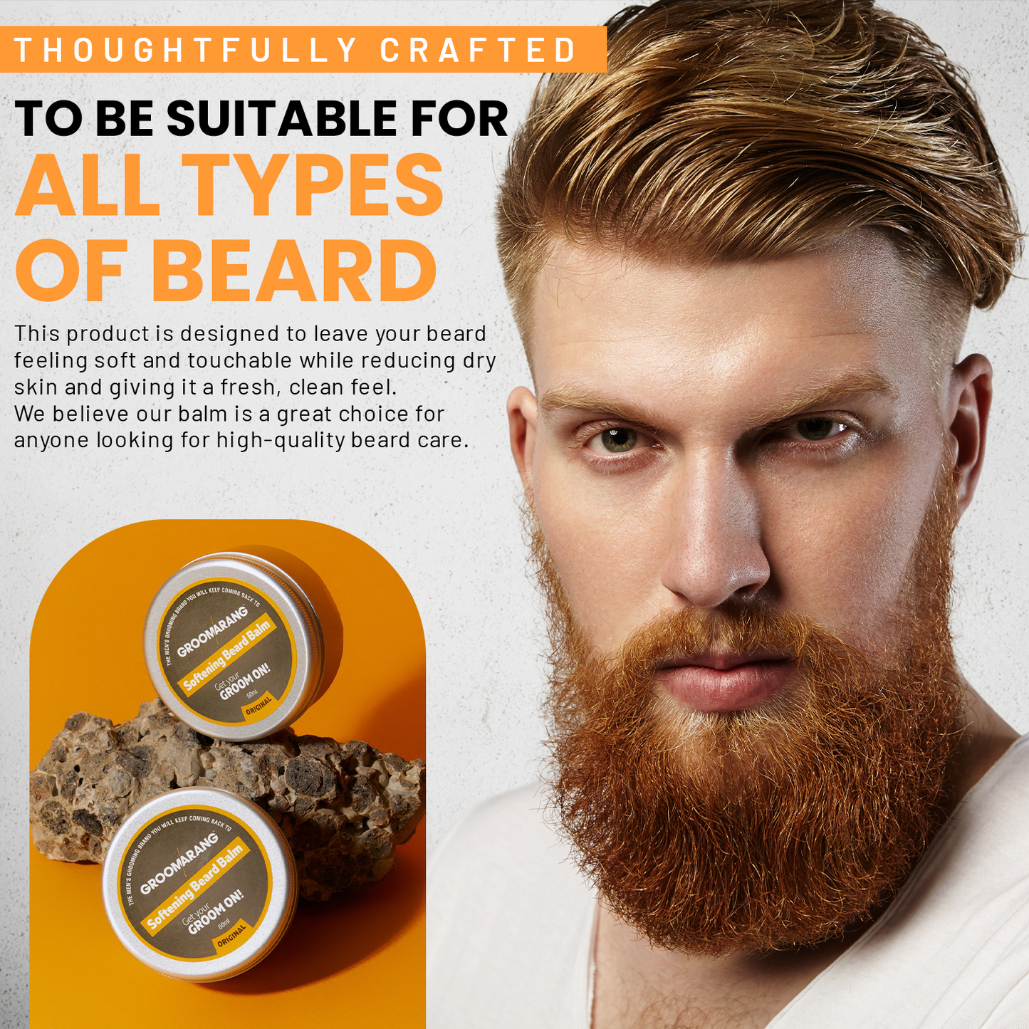 Groomarang Softening Beard Balm 60ml - Enriched with Sweet Almond Oil, Jojoba, Limonene & Linalool