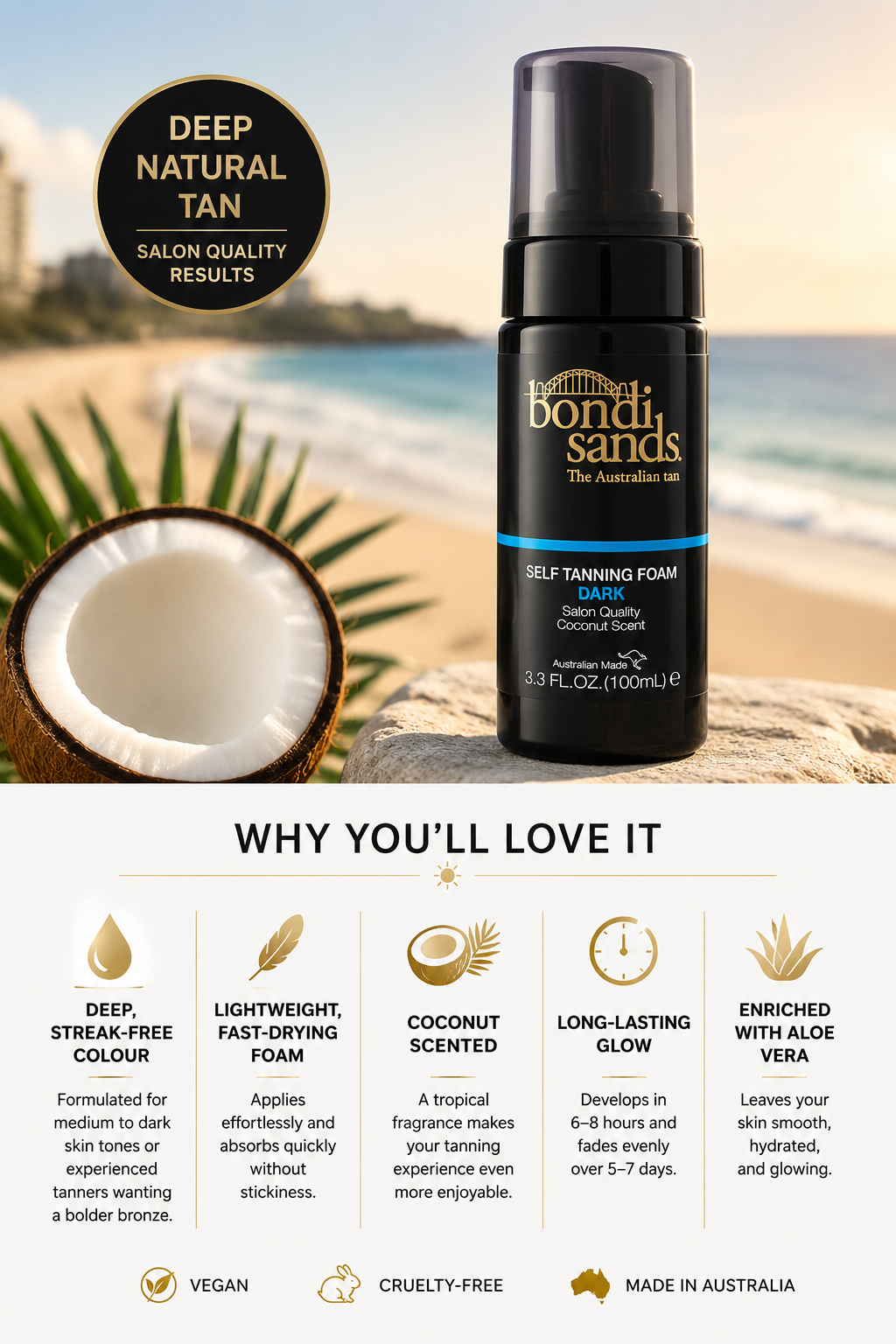 Bondi Sands Dark Self-Tanning Foam | Lightweight, Buildable Formula Gives a Deep Bronzed Glow for a Flawless Finish