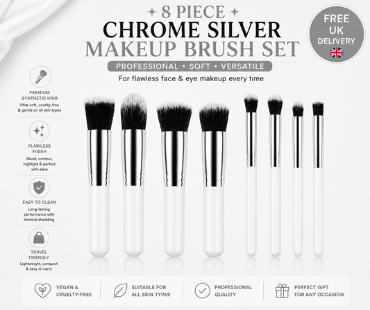 8pc Makeup Brush Set - White and Silver