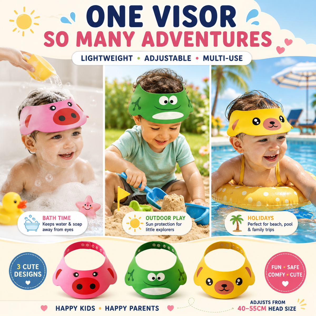 Toddlers Multi Use Visor Hats - 3 Cute Designs