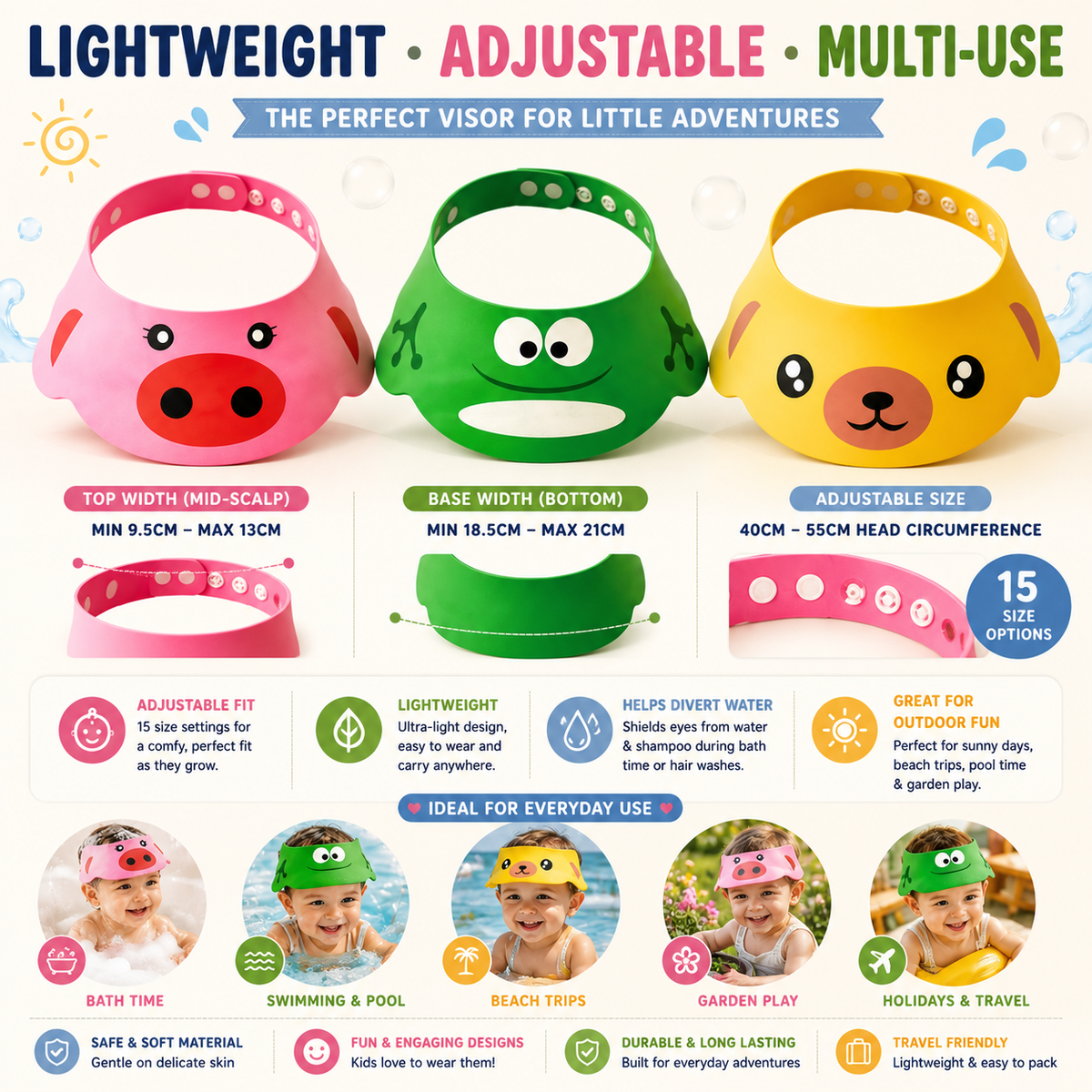 Toddlers Multi Use Visor Hats - 3 Cute Designs