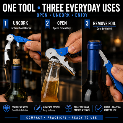 Multi-Function 3-in-1 Corkscrew & Bottle Opener – Stainless Steel