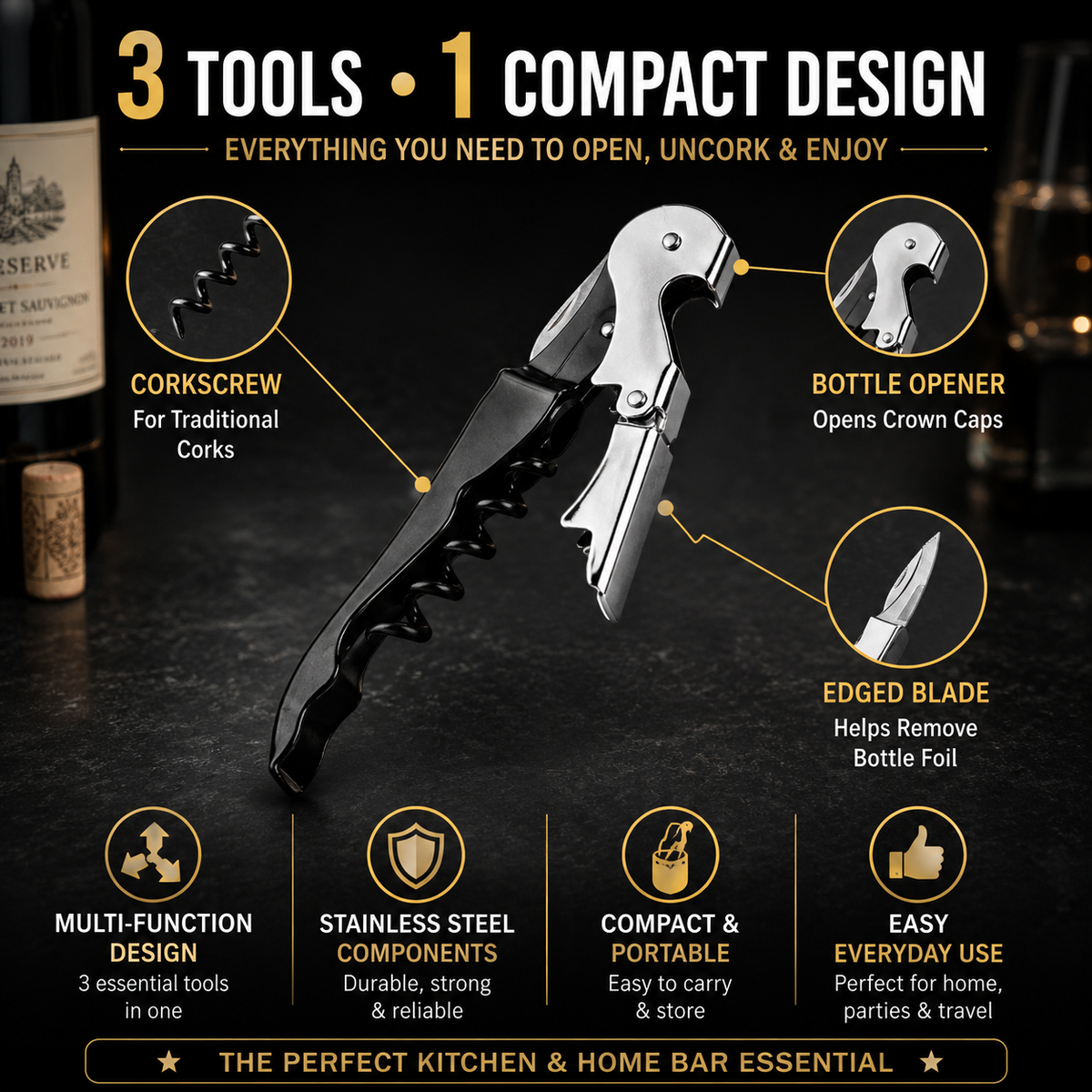 Multi-Function 3-in-1 Corkscrew & Bottle Opener – Stainless Steel