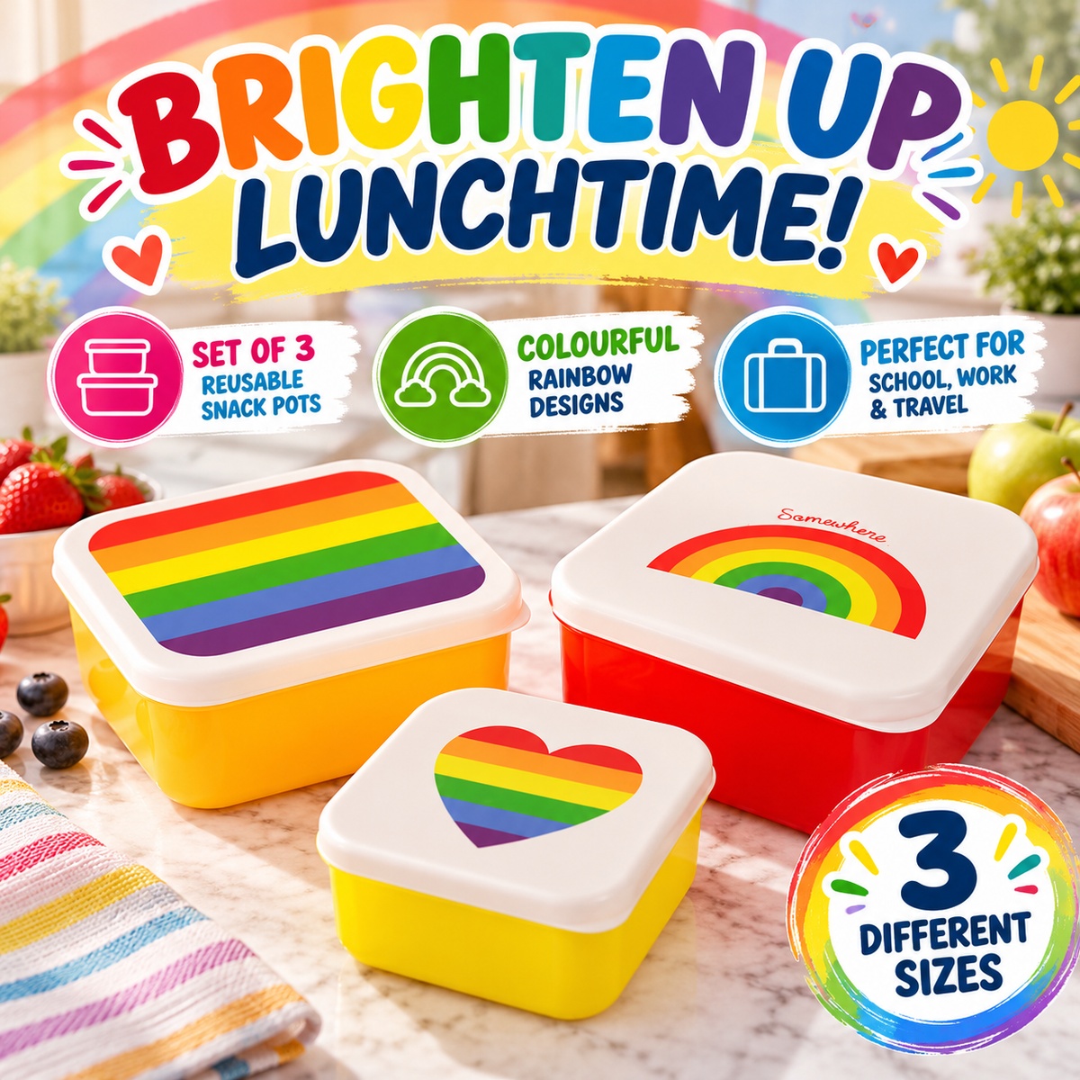 Puckator Somewhere Rainbow Snack Pots & Lunch Boxes – Set of 3