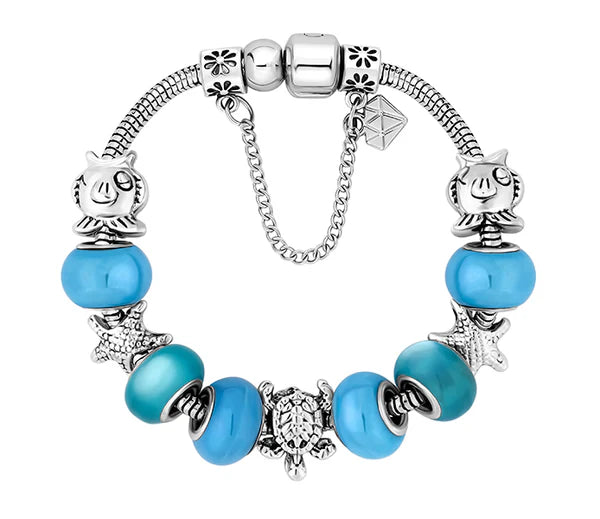 Diamond Style London - Charm Bracelet with Beach Charms and Pale Blue Bea (Item code: Charmbrabeach)