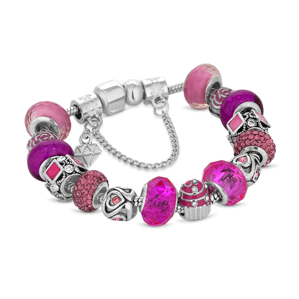 Diamond Style London - Charm Bracelet with Pink Charms (Item code: Charmbrapink)