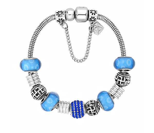 Diamond Style London - Charm Bracelet With Royal Blue Beads and Crystals (Item code: Charmbraroyalcrystal)