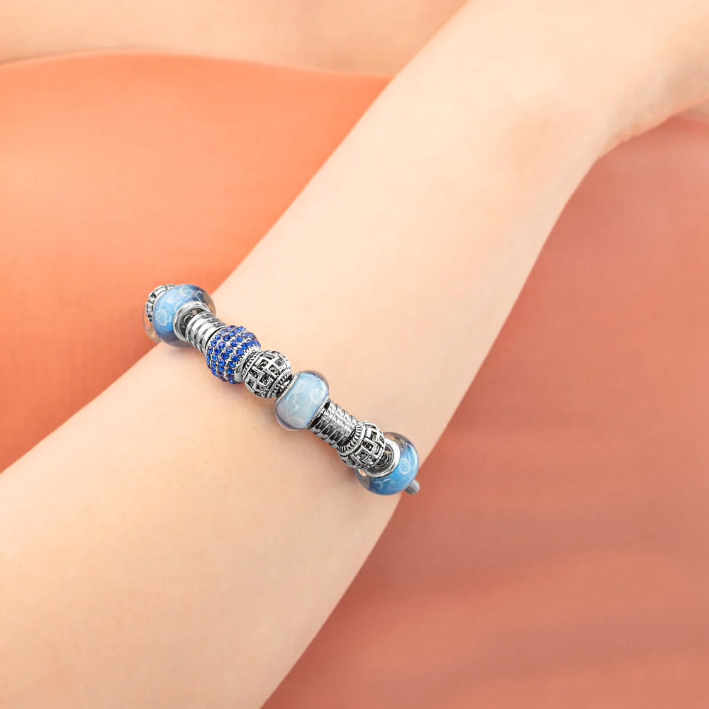 Diamond Style London - Charm Bracelet With Royal Blue Beads and Crystals (Item code: Charmbraroyalcrystal)