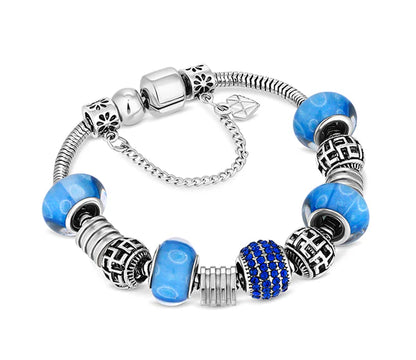 Diamond Style London - Charm Bracelet With Royal Blue Beads and Crystals (Item code: Charmbraroyalcrystal)