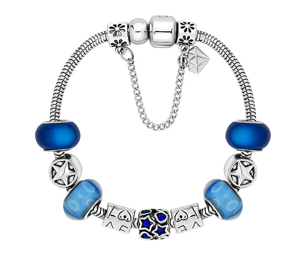 Diamond Style London - Charm Bracelet with Royal Blue and Star Beads (Item code: Charmbraroyalstar)