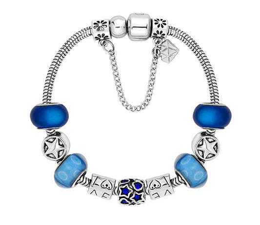 Diamond Style London - Charm Bracelet with Royal Blue and Star Beads (Item code: Charmbraroyalstar)
