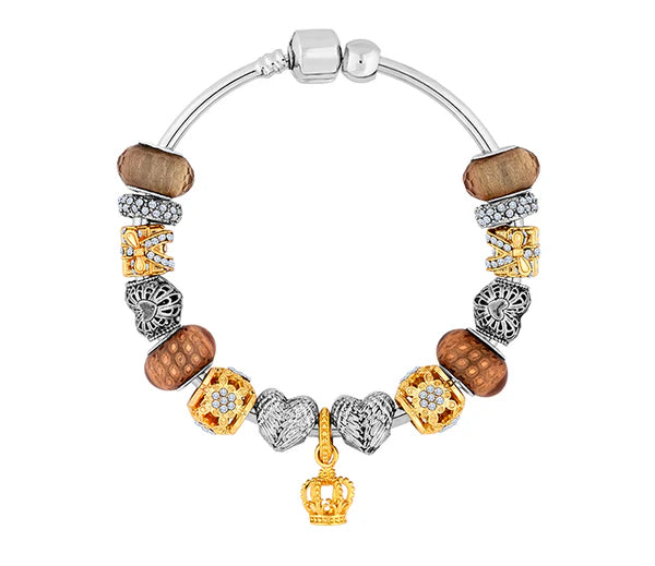 Diamond Style London - Charm Bracelet with Mixed Metal Charms on Solid Ba (Item code: Charmbrasmxdmtl)