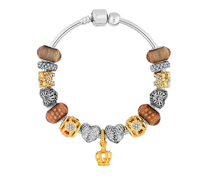 Diamond Style London - Charm Bracelet with Mixed Metal Charms on Solid Ba (Item code: Charmbrasmxdmtl)