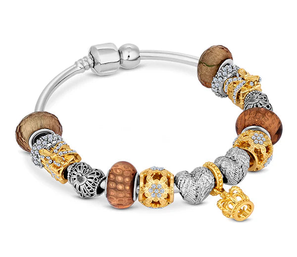 Diamond Style London - Charm Bracelet with Mixed Metal Charms on Solid Ba (Item code: Charmbrasmxdmtl)