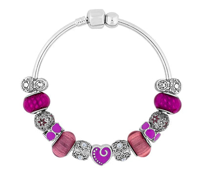 Diamond Style London - Charm Bracelet with Purple Charms on Solid Bangle (Item code: Charmbraspurp)