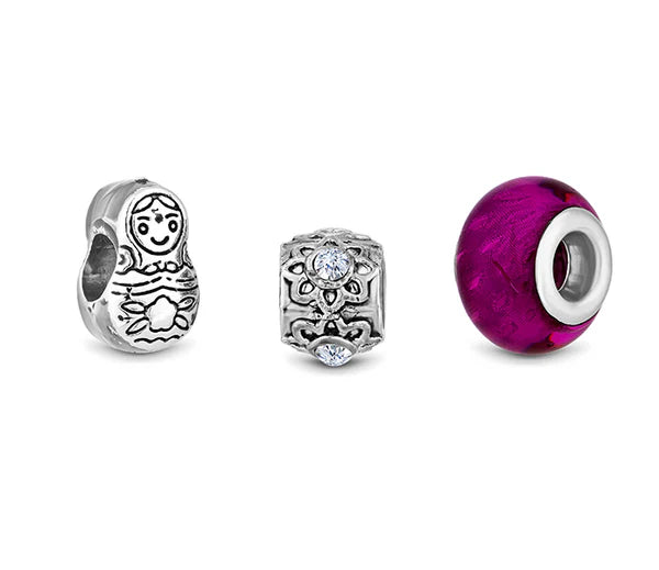 Diamond Style London - Charm Bracelet with Purple Charms on Solid Bangle (Item code: Charmbraspurp)