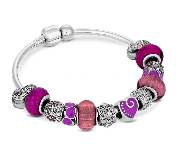 Diamond Style London - Charm Bracelet with Purple Charms on Solid Bangle (Item code: Charmbraspurp)