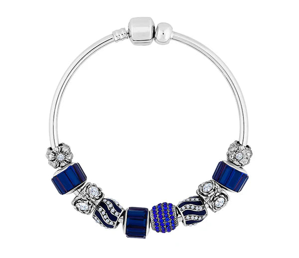 Diamond Style London - Charm Bracelet with Royal Blue Charms on Solid Ban (Item code: Charmbrasroyal)