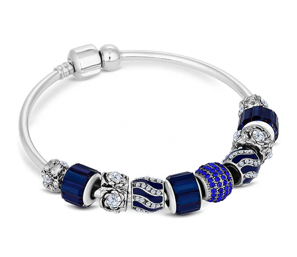 Diamond Style London - Charm Bracelet with Royal Blue Charms on Solid Ban (Item code: Charmbrasroyal)