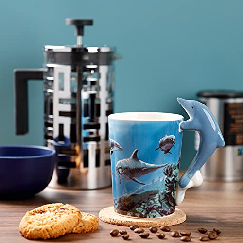 Puckator Dolphin Underwater Decal Ceramic Shaped Handle Tea Coffee Mug - Funny Home Accessories Cute Gifts for Girlfriend Large Mugs for Men Women Hot Drinks Cups Presents Secret Santa Gift