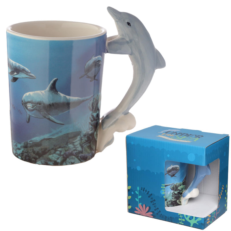 Puckator Dolphin Underwater Decal Ceramic Shaped Handle Tea Coffee Mug - Funny Home Accessories Cute Gifts for Girlfriend Large Mugs for Men Women Hot Drinks Cups Presents Secret Santa Gift