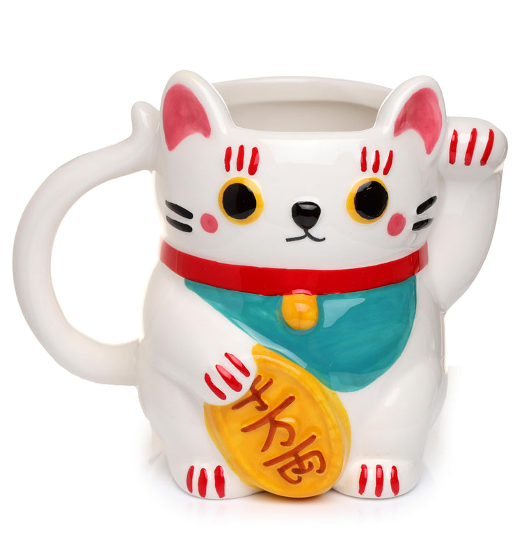 Puckator White Maneki Neko Lucky Cat Ceramic Shaped Tea Coffee Mug - Funny Home Accessories - Cute Gifts for Girlfriend - Large Mugs for Men Women Hot Drinks Cups Presents Secret Santa Gift Cup Set