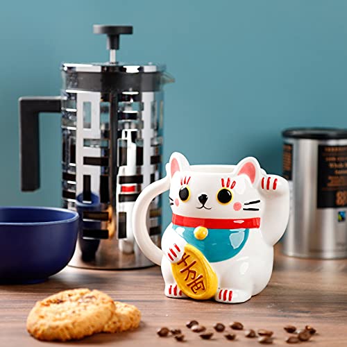 Puckator White Maneki Neko Lucky Cat Ceramic Shaped Tea Coffee Mug - Funny Home Accessories - Cute Gifts for Girlfriend - Large Mugs for Men Women Hot Drinks Cups Presents Secret Santa Gift Cup Set