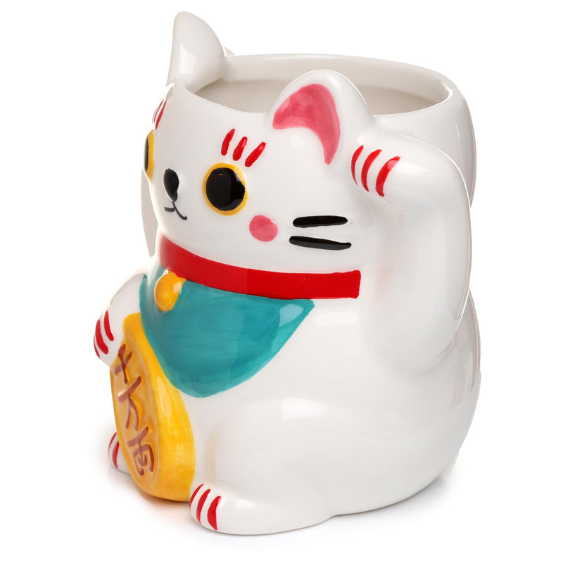 Puckator White Maneki Neko Lucky Cat Ceramic Shaped Tea Coffee Mug - Funny Home Accessories - Cute Gifts for Girlfriend - Large Mugs for Men Women Hot Drinks Cups Presents Secret Santa Gift Cup Set