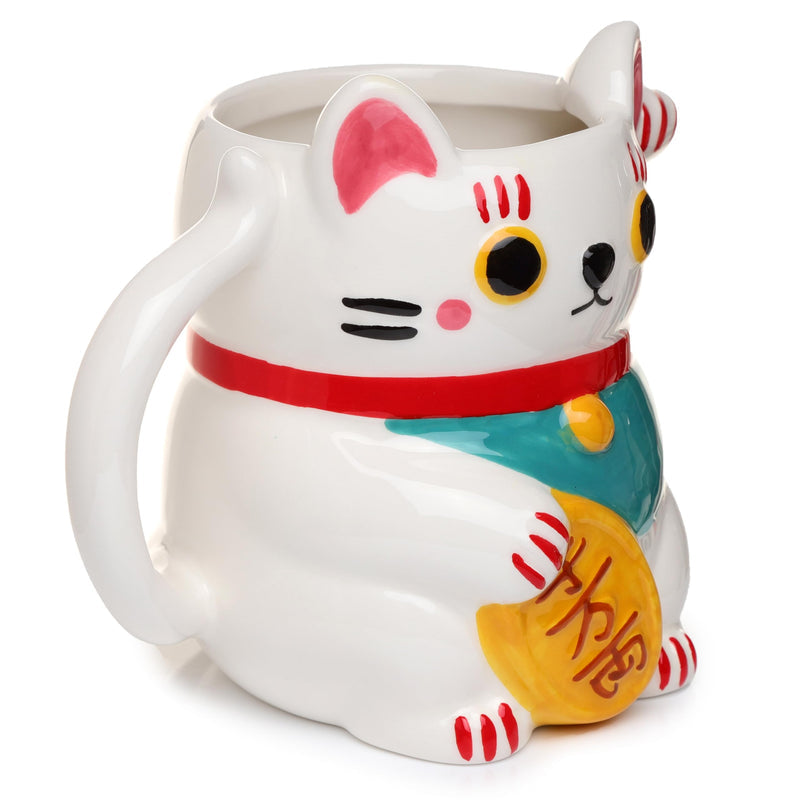 Puckator White Maneki Neko Lucky Cat Ceramic Shaped Tea Coffee Mug - Funny Home Accessories - Cute Gifts for Girlfriend - Large Mugs for Men Women Hot Drinks Cups Presents Secret Santa Gift Cup Set