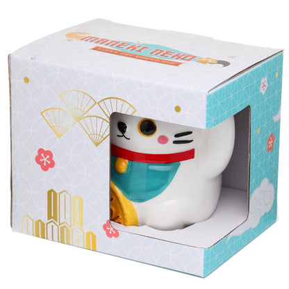 Puckator White Maneki Neko Lucky Cat Ceramic Shaped Tea Coffee Mug - Funny Home Accessories - Cute Gifts for Girlfriend - Large Mugs for Men Women Hot Drinks Cups Presents Secret Santa Gift Cup Set