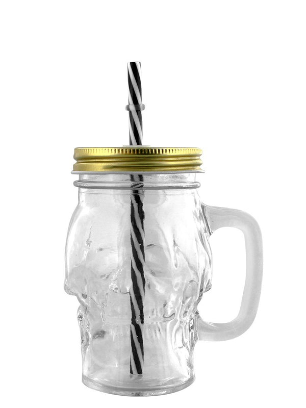 Puckator Skull Design Drinking Glass Jar with Reusable Straw and Metal Lid - Clear/Black/White/Metallic/Gold