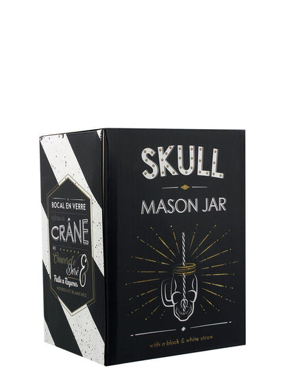Puckator Skull Design Drinking Glass Jar with Reusable Straw and Metal Lid - Clear/Black/White/Metallic/Gold