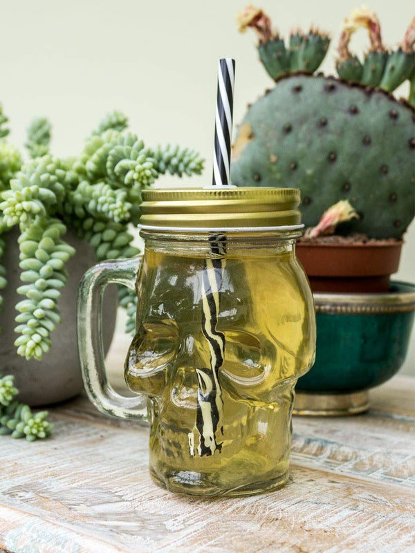 Puckator Skull Design Drinking Glass Jar with Reusable Straw and Metal Lid - Clear/Black/White/Metallic/Gold