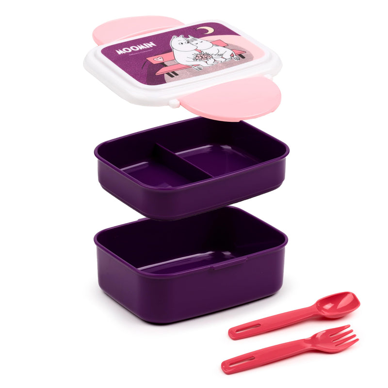 Puckator Moomin Clip Lock Stacked Bento Lunch Box with Cutlery - Lunch Box for Adults and Kids with Compartments and Fork & Spoon - Snack Box Food Containers with Lids Stackable Snack Pots for Kids