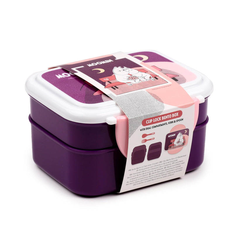 Puckator Moomin Clip Lock Stacked Bento Lunch Box with Cutlery - Lunch Box for Adults and Kids with Compartments and Fork & Spoon - Snack Box Food Containers with Lids Stackable Snack Pots for Kids