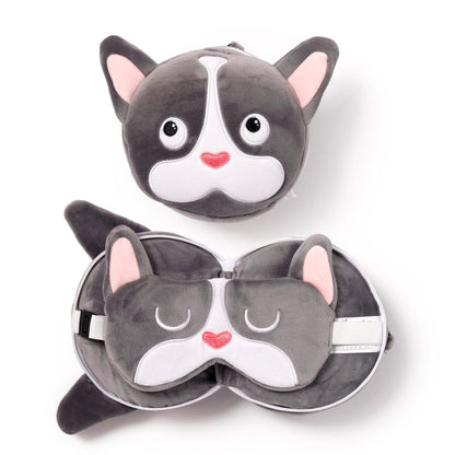 Relaxeazzz French Bulldog Round Plush Travel Pillow & Eye Mask - Sleep Eye Mask Masks - Kids Travel Accessories For Sleeping Airplane - Flight Plane Neck Pillow Pillows