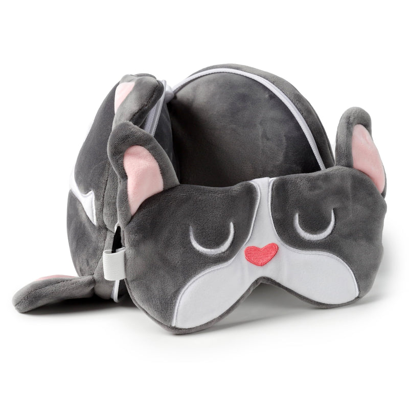 Relaxeazzz French Bulldog Round Plush Travel Pillow & Eye Mask - Sleep Eye Mask Masks - Kids Travel Accessories For Sleeping Airplane - Flight Plane Neck Pillow Pillows