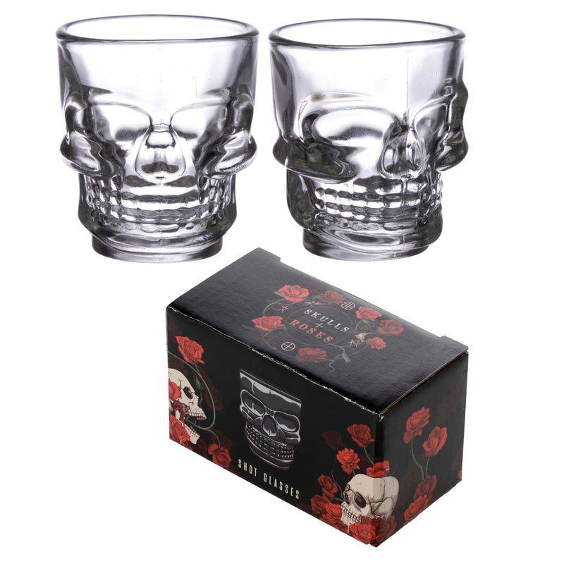 Puckator Set of 2 Skulls and Roses Glass Skull Shot Glasses (60ml)