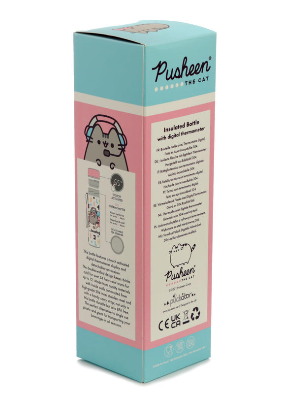 Puckator Pusheen - Stainless Steel Water Bottle with Led Temperature Display - Cold for 24h and Hot for 6h - Metal Water Bottles with Cat Gaming - Modern Thermos Flask - Bpa Free - 450 ml