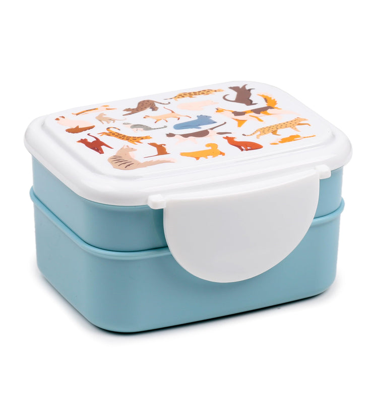 Puckator Feline Fine Cats Clip Lock Stacked Bento Lunch Box with Cutlery - Boxes for Adults and Kids with Compartments and Fork Spoon Snack Box Food Containers with Lids Stackable Snack Pots for Kids