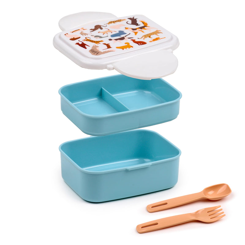 Puckator Feline Fine Cats Clip Lock Stacked Bento Lunch Box with Cutlery - Boxes for Adults and Kids with Compartments and Fork Spoon Snack Box Food Containers with Lids Stackable Snack Pots for Kids