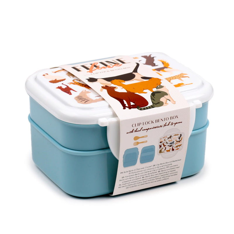 Puckator Feline Fine Cats Clip Lock Stacked Bento Lunch Box with Cutlery - Boxes for Adults and Kids with Compartments and Fork Spoon Snack Box Food Containers with Lids Stackable Snack Pots for Kids