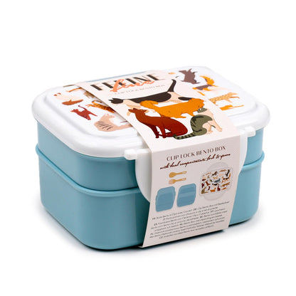 Puckator Feline Fine Cats Clip Lock Stacked Bento Lunch Box with Cutlery - Boxes for Adults and Kids with Compartments and Fork Spoon Snack Box Food Containers with Lids Stackable Snack Pots for Kids