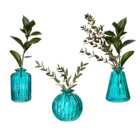 Sass & Belle Turquoise Glass Bud Vases Set - Small Glass Vases for Flowers, Vintage Table Decor for Home, Elegant Flower Vase Set, Mini Table Decorations
