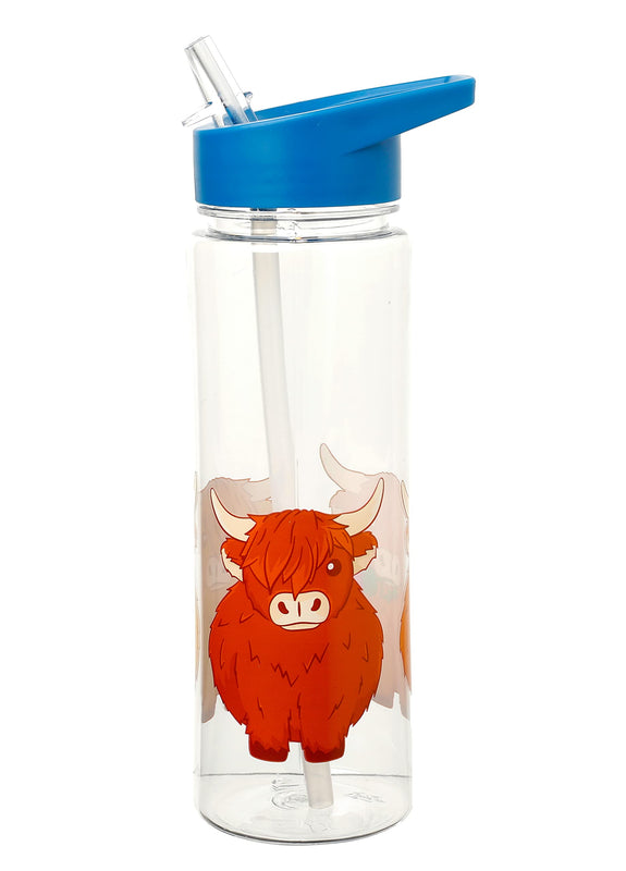 Puckator Highland Coo Cow - Kids Drinks Bottle With Flip Straw - Reusable Water Bottle For Girls And Boys With A Carry Handle - Bpa Free - For School Nursery - Cute Cow Design - Pp 550ml