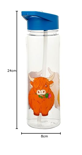 Puckator Highland Coo Cow - Kids Drinks Bottle With Flip Straw - Reusable Water Bottle For Girls And Boys With A Carry Handle - Bpa Free - For School Nursery - Cute Cow Design - Pp 550ml