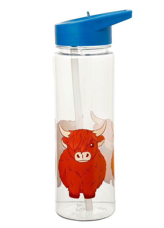 Puckator Highland Coo Cow - Kids Drinks Bottle With Flip Straw - Reusable Water Bottle For Girls And Boys With A Carry Handle - Bpa Free - For School Nursery - Cute Cow Design - Pp 550ml