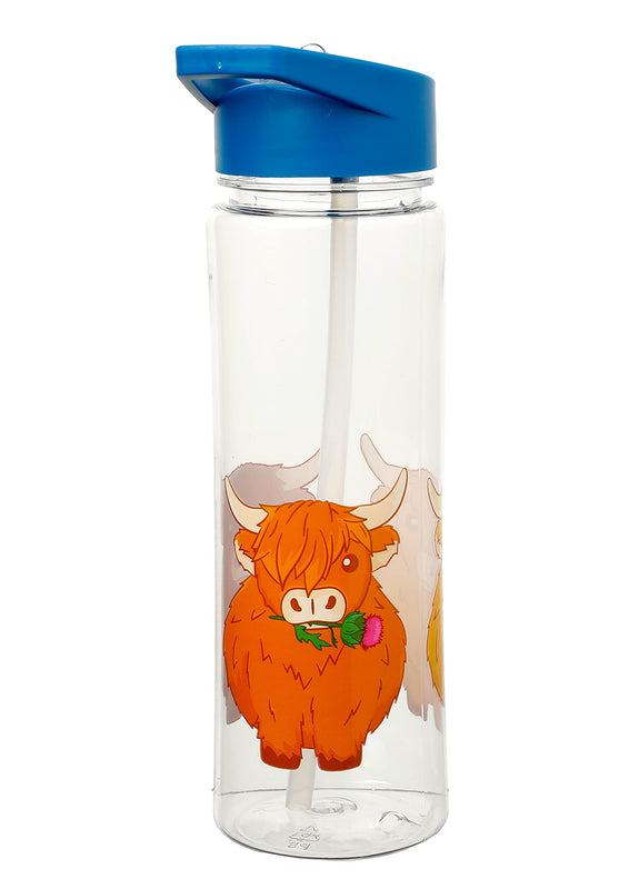 Puckator Highland Coo Cow - Kids Drinks Bottle With Flip Straw - Reusable Water Bottle For Girls And Boys With A Carry Handle - Bpa Free - For School Nursery - Cute Cow Design - Pp 550ml