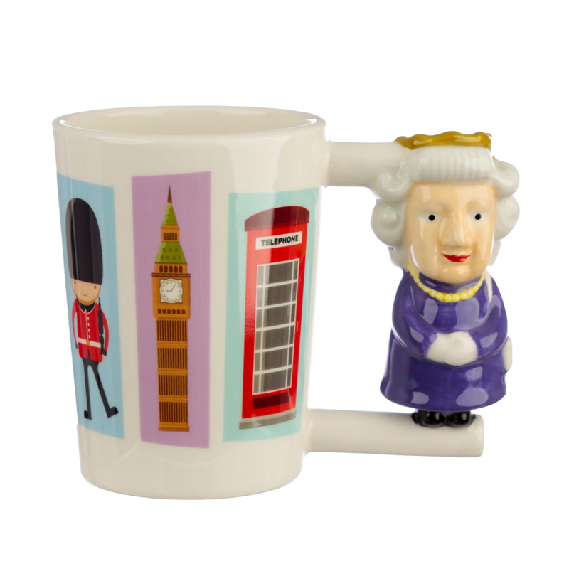 Puckator London Souvenir Queen Ceramic Shaped Handle Tea Coffee Mug - Funny Home Accessories - Cute Gifts for Girlfriend - Large Mugs for Men Women Hot Drinks - Cups Presents - Secret Santa Gift